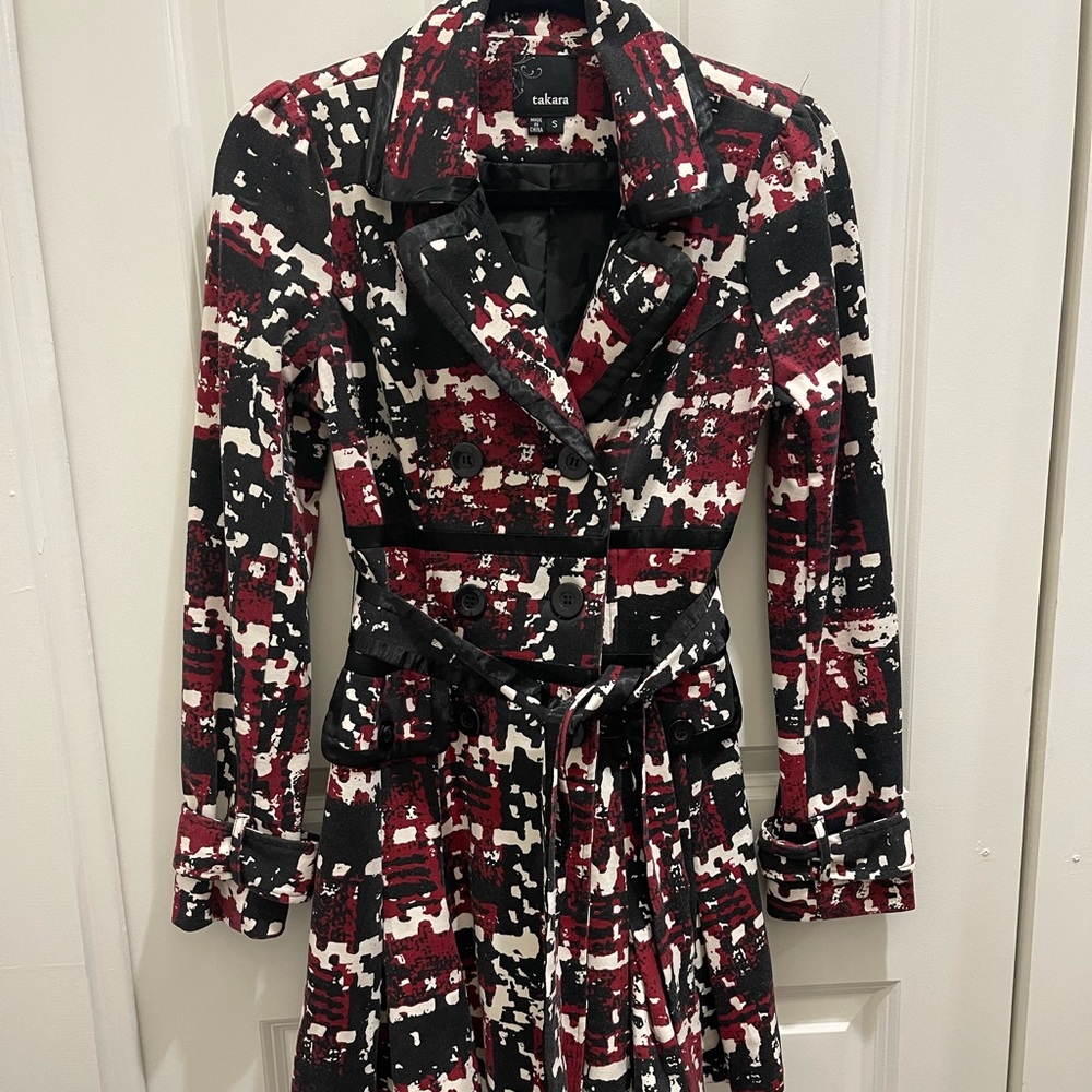 Takara Black White and Burgundy Patterned Trench Coat